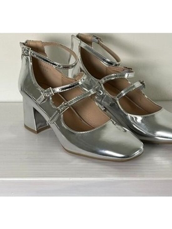 TOP Moda Shoes - Silver Mirror Mary Jane Heel Women 7 Block Heel Y2K Party Disco Shoes Retro Glam